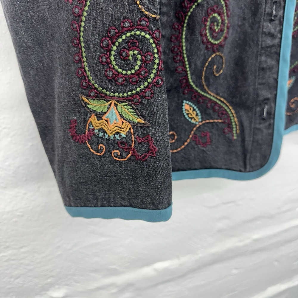 VTG Denim &‎ Co Black Denim Jacket Multicolor Embroidery Floral Women's Lg Y2K - Picture 6 of 8